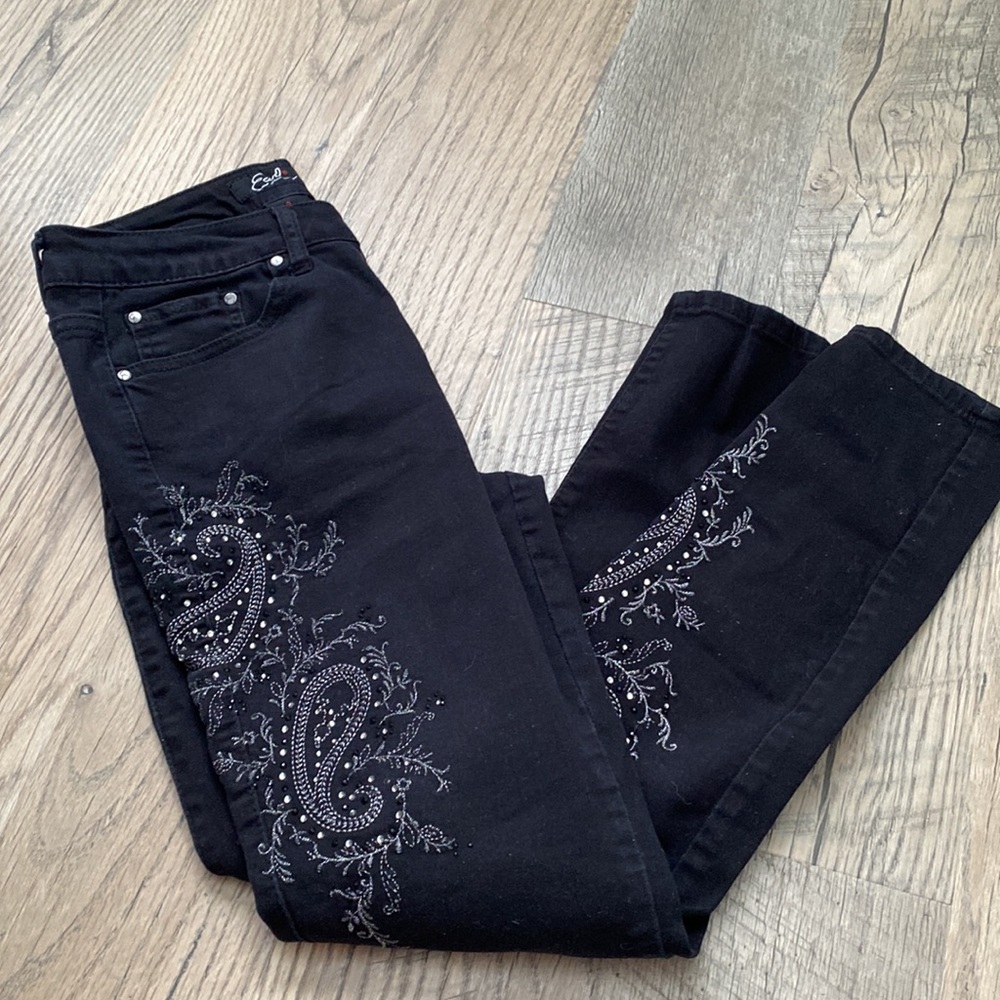 Earl Jeans Black Skinny Jeans with Paisley Embroidery